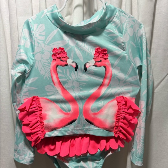 Penelope Mack Other - Penelope Mack Long Sleeve Swim Set with Pink Flamingo Print - Aqua/Pink